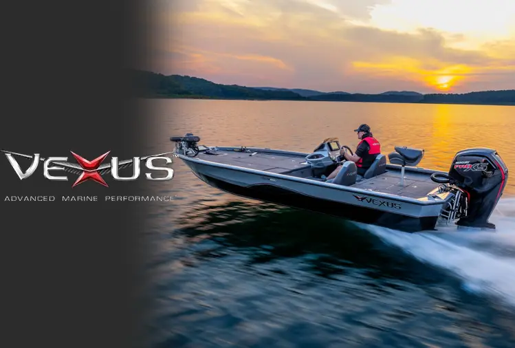 Vexus bass boat on the water at sunset